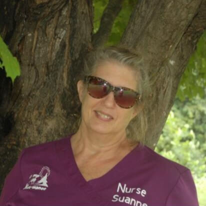 Suanne Petroff smiling in front of a tree